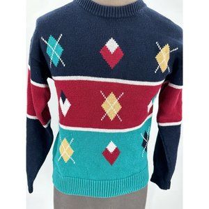 VTG Par Four Men's Golf Sweater Argyle Cotton Blue Red Green Long Sleeve Medium